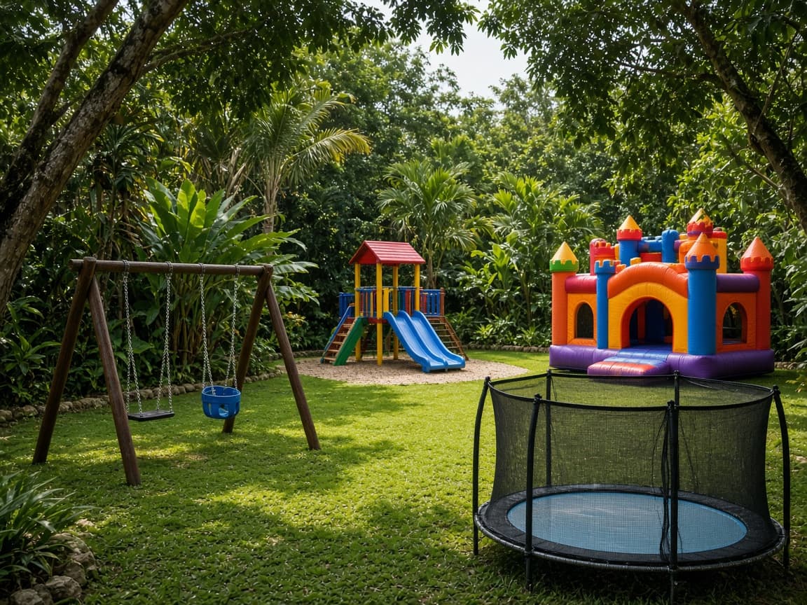 Playground with swings, a slide, a bouncing castle, and a trampoline