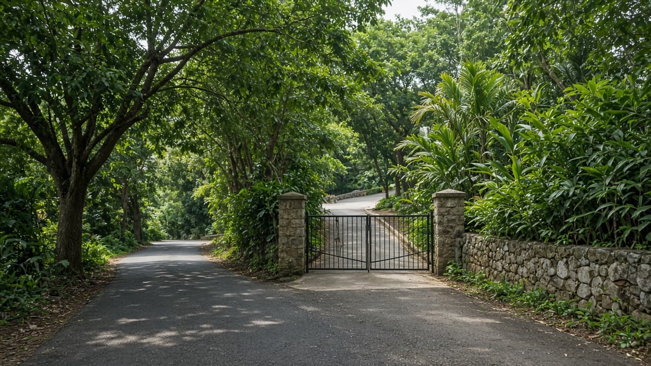 The tree-lined drive at the resort gate